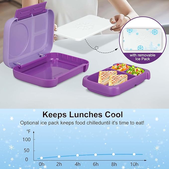 MAISON HUIS Chill Bento Lunch Box for Kids Adult with Ice Pack 3 Compartments Leakproof Lunch Containers Keep Food Cold for Girl Boy School