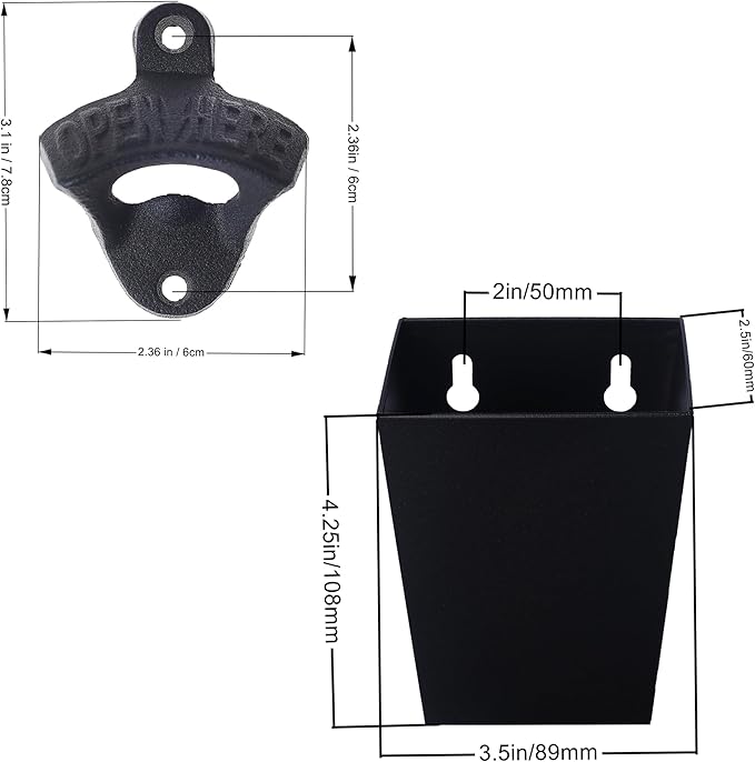 Satin Black Cast Iron Bottle Opener Wall Mounted with Bottle Cap Catcher Narrow