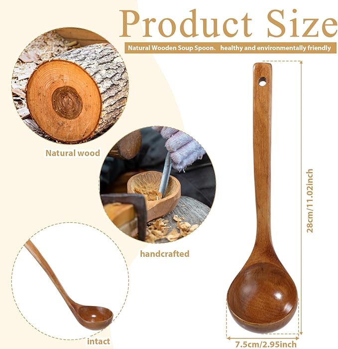 Wooden Ladle, 11" Long Handle Soup Ladle Spoon Large Kitchen Wooden Scoop Deep Teak Wood Spoon Utensil for Cooking Serving Cookware, Sustainable Natural Texture