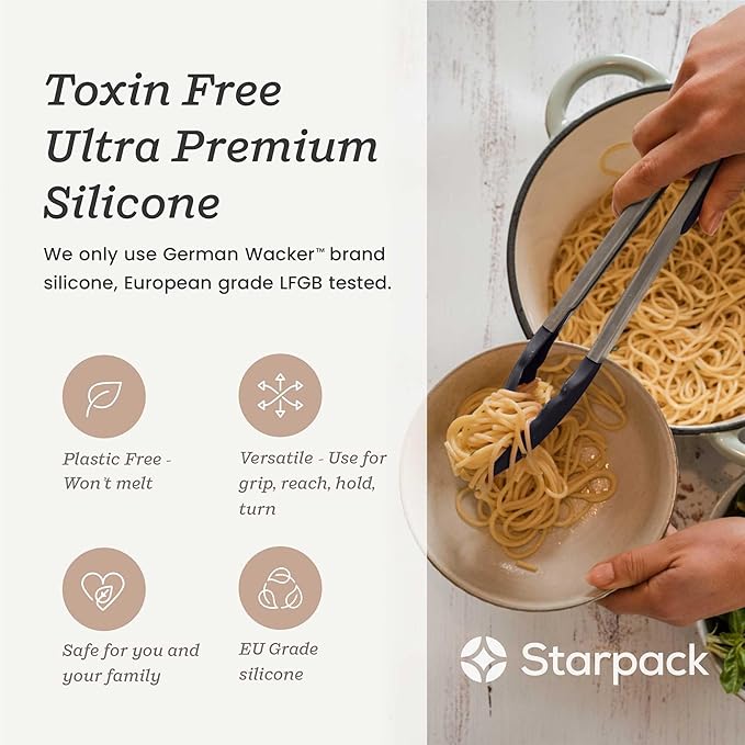 StarPack Premium Silicone Kitchen Tongs 9-Inch - Stainless Steel with Non-Stick Silicone Tips, High Heat Resistant to 600°F, For Cooking, Serving, Grill, BBQ & Salad (Stormy Grey)