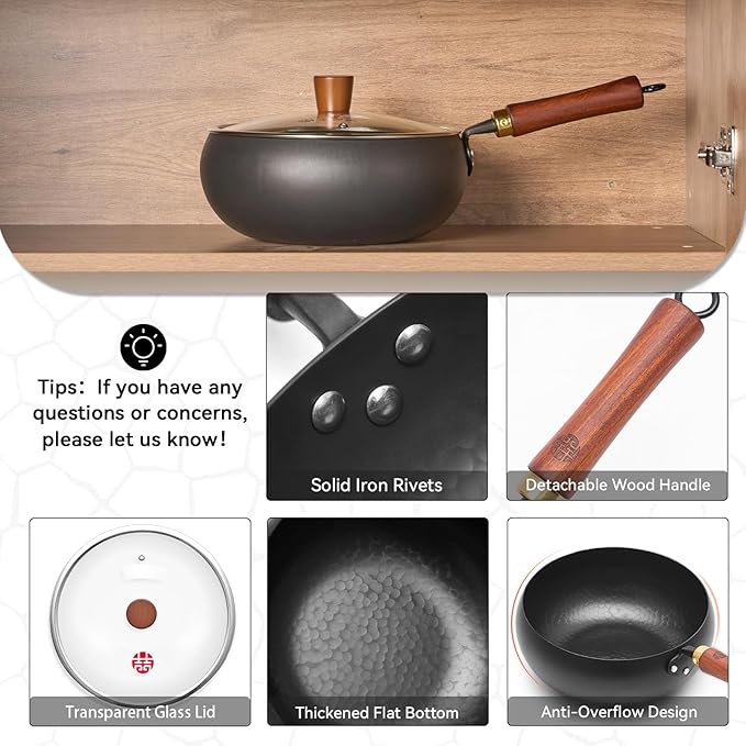 WANGYUANJI Wrought Iron Flat Bottom Wok with Glass Lid – Detachable Wooden Handle, Non-Coated Naturally Nonstick Frying Pan for Gas, Electric & Induction Stoves (Black Deep-Bowl Wok, 9.5 inch)