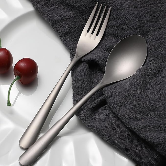 Pure Titanium Dinner Fork & Spoon Set, Duty Flatware, 7.5 In Long Handle Matte Finish Utensils, Dishwasher Safe & Rustproof for Everyday Dining, Kitchen, Camping, Travel, Christmas Gifts