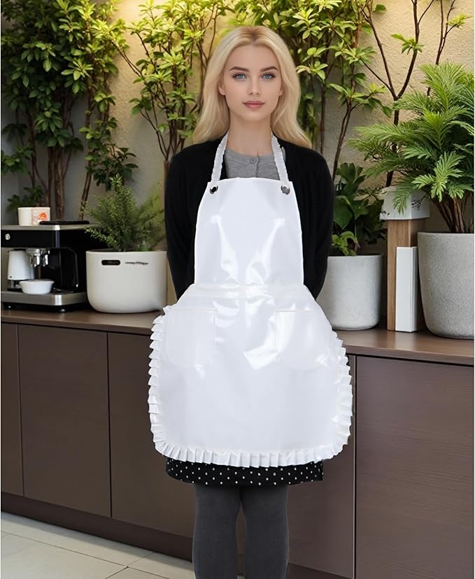 Glossy Cute Ruffled Apron, Lace-Up Model with Two Pockets, Vinyl Apron for Artists and Barbers, Waterproof