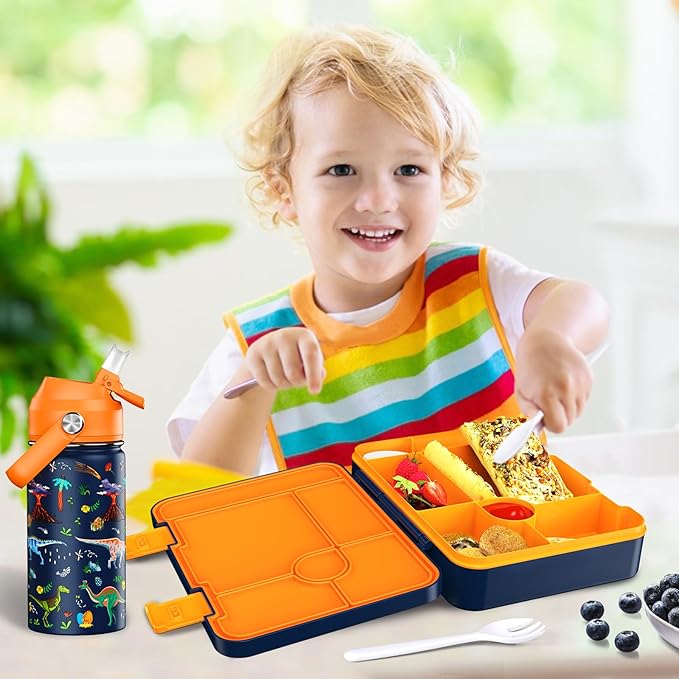 Bevalsa Kids Bento Lunch Box with 6 Compartment, Stainless Steel Metal Water Bottle, Insulated Bag & Utensils, BPA-Free Leakproof Food Container for School Boys Girls, Back To School Gift