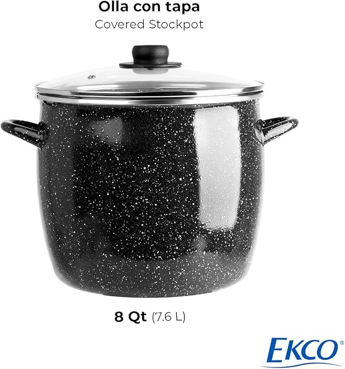 EKCO EOS 8-Quart Speckled Stockpot with Glass Lid (Black) Soup Pot for All Ranges, Dishwasher & Oven Safe up to 350°F - Non-Reactive Enameled Interior Pot for Gumbo, Stew, Boil, Pasta, Chili
