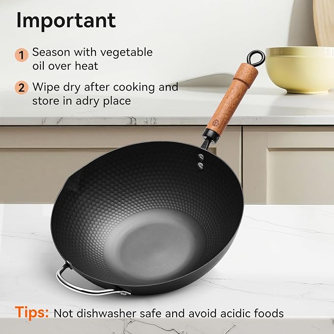 WANGYUANJI 12.6" Wok with Lid, Flat Bottom Nonstick Iron Wok Pan for Induction, Gas and Electric Stoves, Deep Stir-Fry Pan for Everyday Cooking
