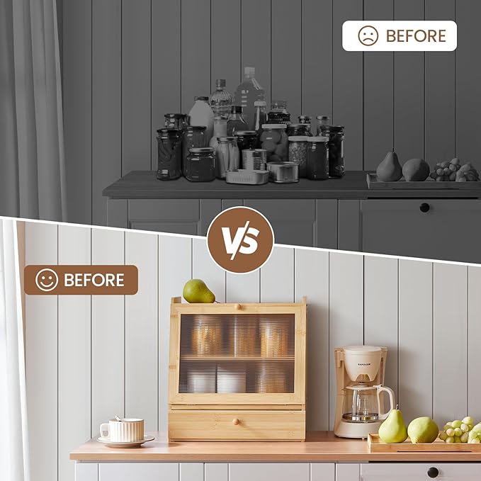 HOOBRO Bread Box, Bamboo Bread Box Storage Container with Drawer, 2-Tier Kitchen Countertop Food Storage Box with Acrylic Door, for Food, Natural YL21MB01