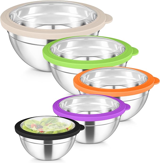 TeamFar Mixing Bowl Set, 4.5/3/1.5/1/0.7 QT Stainless Steel Nesting Salad Bowls with Visible Lids, For Serving/Mixing/Storing, Non-Toxic & Heavy Duty, Airtight & Easy Clean, Multi-Color, Set of 5