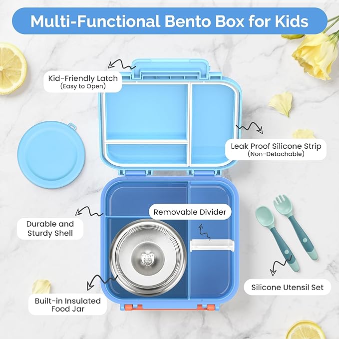 Kids Lunch Box Set with Bento Box, 9oz Stainless Steel Thermos & Insulated Lunch Bag – Hot & Cold Leakproof Lunch Container with Utensils for School & Travel