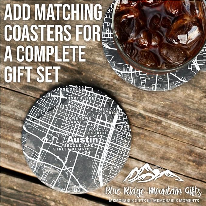Blue Ridge Mountain Gifts - Austin Souvenir - Texas Glassware Gift, Etched City Map, Laser Engraved and Dishwasher Safe