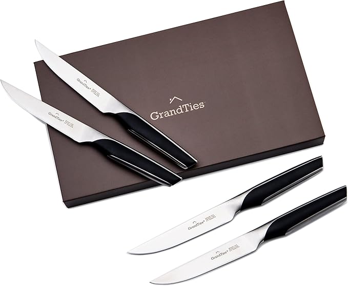 GRANDTIES FEINSTE Ultra Sharp Steak Knives Set of 4 – High Carbon German Stainless Steel, Non-Serrated, Full Tang – Premium Dinnerware Gift Set with Designed Gift Box