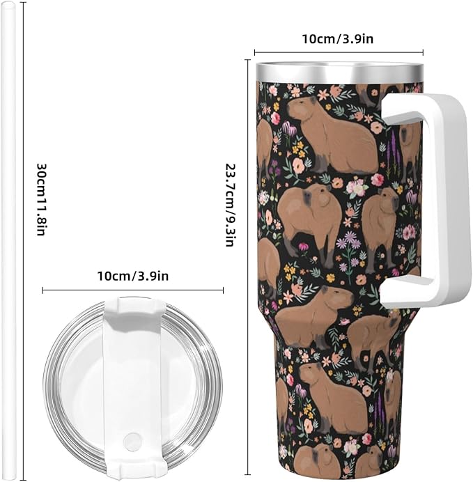 Capybara Gifts Capybara Tumbler Cute Water Bottle Cups for Girls, Teens, Women, Men Stainless Steel Vacuum Insulated 40oz Tumbler with Lid and Straw for Water, Iced Tea or Coffee, Black