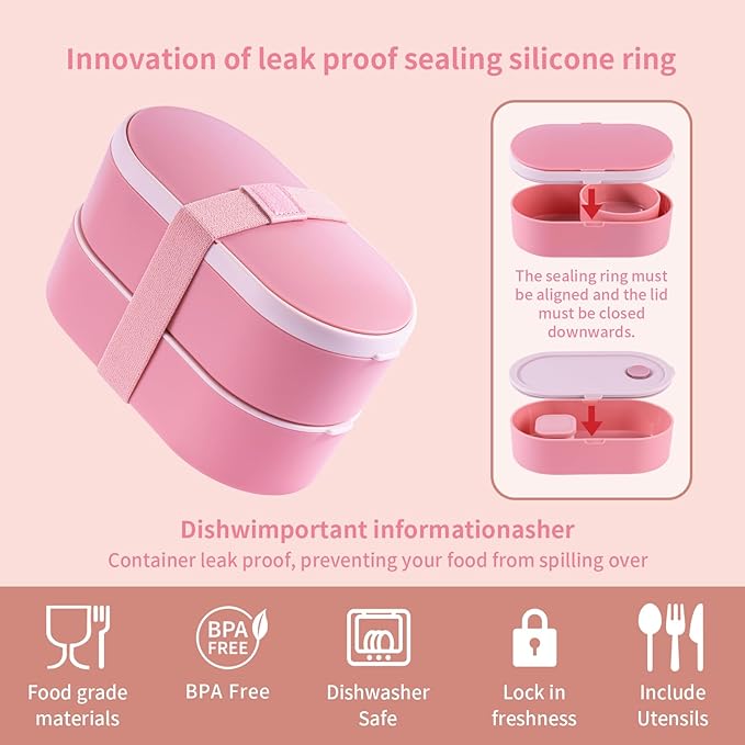 Bento Lunch Box Set -2 Stackable Adult And Women's Lunch Boxes - Including Lunch Bag, Leak Proof And Bisphenol Free A - Built-In Cutlery Set - Dishwasher Safe (Pink)