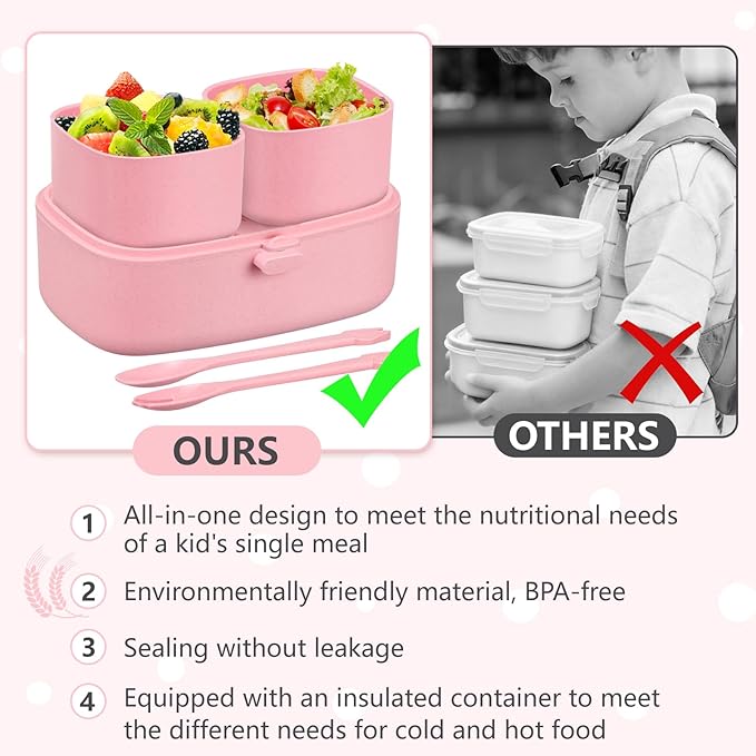 Bento Lunch Box for Kids with 8oz Soup Thermo,2 Leak-Proof Food Containers, a Lunch Bag, Kids Thermo Insulated Hot Food Jar for School, Travel-Pink