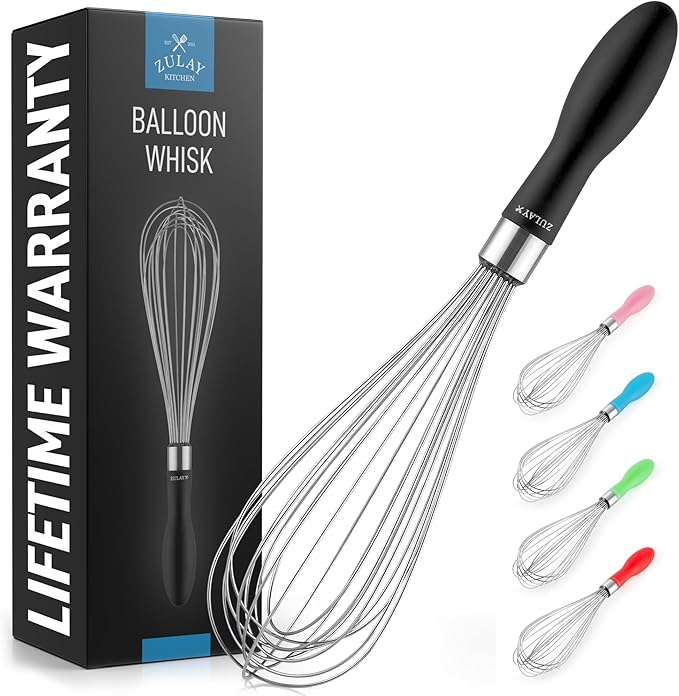 Zulay Kitchen Stainless Steel Balloon Whisk 11 Inch – Durable Wire Whisk with Soft Grip Silicone Handle – Versatile Kitchen Whisk for Blending, Beating, Frothing, Stirring & More - Black