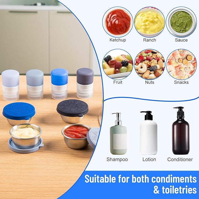 8-Pack Salad Dressing Container To Go, 1-oz Silicone Small Condiment Squeeze Bottles and 1.6 oz Stainless Steel Sauce Containers Cups, Leakproof Condiment Containers with Lids for Lunch Box