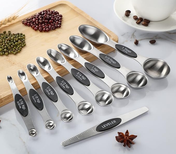 Measuring Spoon Set of 9 Magnetic Measuring Spoons Dual Sided Stainless Steel Measuring Spoons Stackable Nesting Tablespoon Teaspoon, Fits in Spice Jars, for Dry or Liquid Ingredients