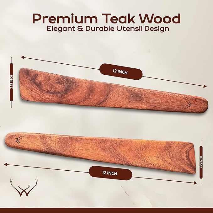 12 Inch Wooden Spatula for Cooking Set of 2 Pcs, Natural Teak Spatula - Non-Stick, Long Handle