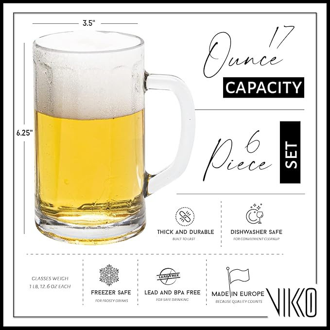 Vikko Beer Mug, Set of 6 Glass Beer Mugs, 17 Ounce, Dishwasher Safe Durable Drinking Glass for Craft Brews, Beer or Water