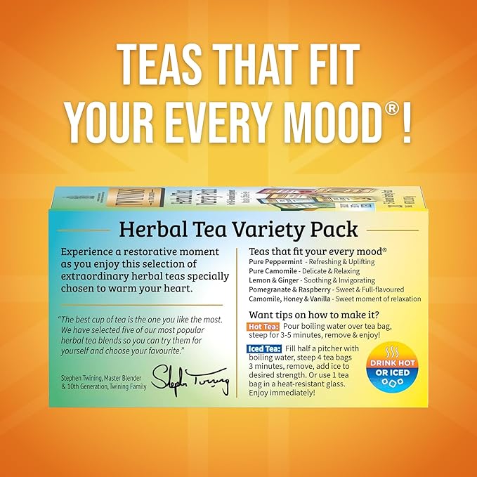 Twinings Herbal Tea Variety Pack, 20 Count (Pack of 2), Formerly Assorted Herbal, Includes 5 Flavours, Naturally Caffeine-Free, Enjoy Hot or Iced, 20 Teabags