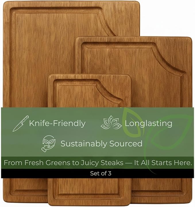 STORE INDYA 3-Piece Wooden Cutting Board Set with Juice Grooves | Premium Acacia Wood Chopping Boards with Built-in Handles for Kitchen Prep | Eco Friendly Multi Size Cutting Boards