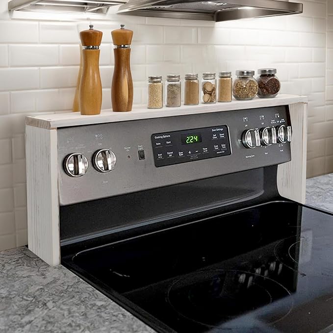 SwallowLiving Stove Shelf for Back of Stove, Solid Wood Over the Stove Shelf, Space-Saving Above Stove Spice Rack, Stove Top Shelf for Kitchen Organization, White