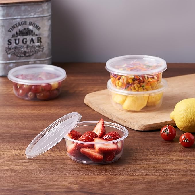 FULING [50 Set - 8 oz. Plastic Deli Food Storage Containers With Lids Disposable Clear Small Togo Containers …