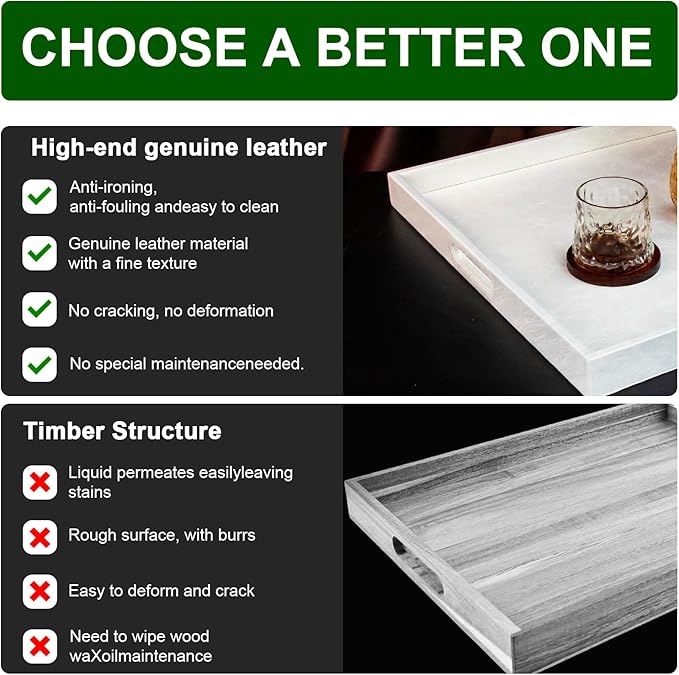 18 * 12 inches Leather Rectangle Serving Tray with Hole Handles,High-End Light Large Service Tray for Ottoman Tray, Tea, Food, Butler - Countertop, Kitchen,Family Dinner, Picnic(White)