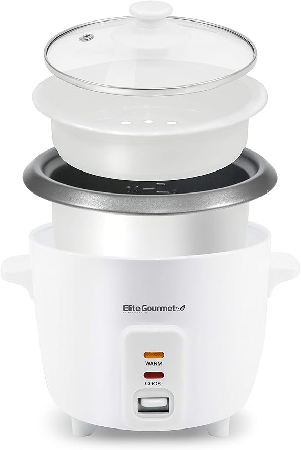 Elite Gourmet ERC-006NSTX Electric Rice Cooker with Non-Stick Inner Pot Makes Soups, Stews, Grains, Cereals, Keep Warm Feature, 6 Cups Cooked (3 Cups Uncooked), White