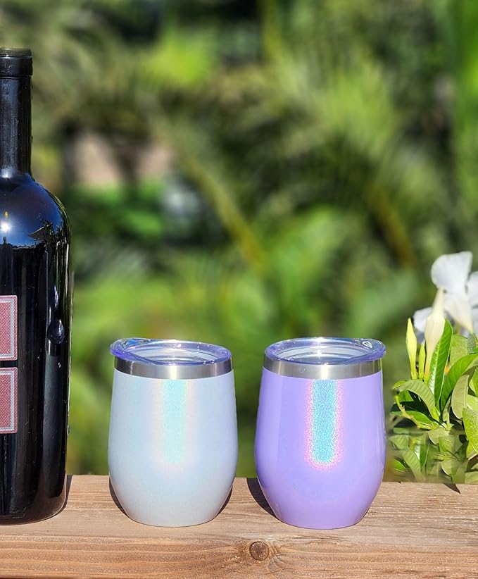 CHILLOUT LIFE 12 oz Stainless Steel Wine Tumbler with Lid - Double Wall Vacuum Insulated Wine Cup Glass Keeping Cold & Hot for Coffee, Champagne, Cocktails, Ice Cream - Purple Sparkle