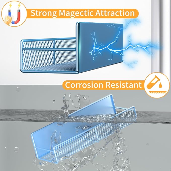 Magnetic Spice Rack for Refrigerator, 2 Pack 100% Metal Strong Magnet Shelf, Space Saving Spice Organizer W/ Hooks, Movable Magnetic Fridge Shelf, Kitchen Home Laundry Room Storage Organization, Blue