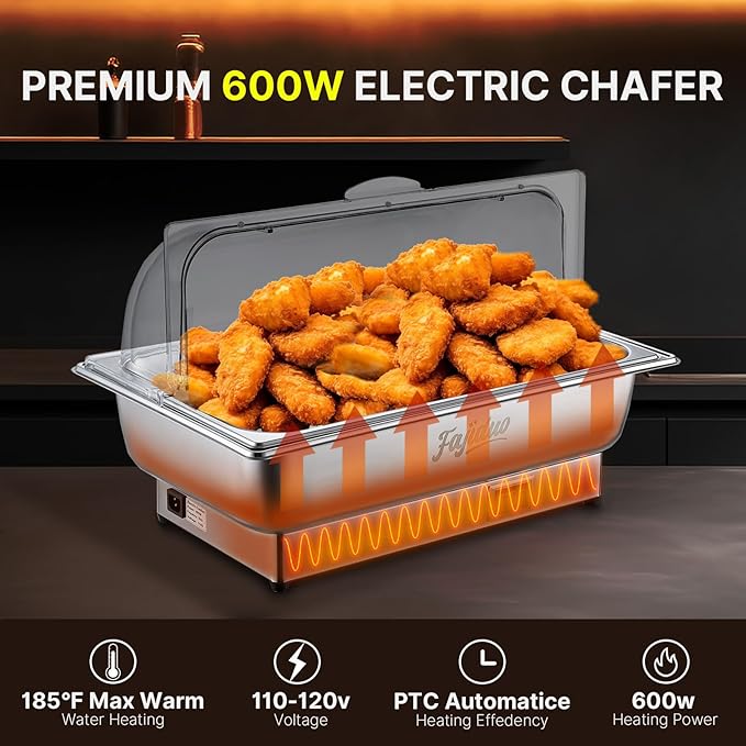 Electric Chafing Dish, 9QT Full Size Electric Chafing Dish Buffet, Adjustable Temp Roll Top Food Warmer, 600W Chafing Dish Buffet Set for Catering Parties