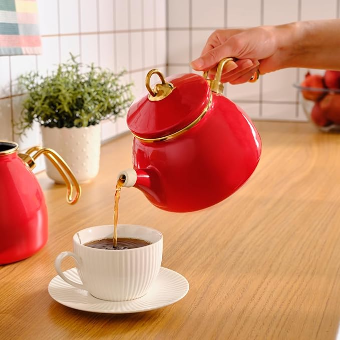 Karaca Retro Turkish Teapot for Stovetop, 1.1L Turkish Tea Pot & 2.3L Kettle, Dishwasher Safe, Induction Tea Pot Set, Vibrant Color Lasting Enamel, Samovar Style, Red