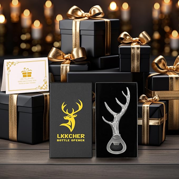 LKKCHER Deer Reindeer Antlers Beer Bottle Opener, Father's Day & Christmas Gifts for Men, Women & Hunters, Dark Silver