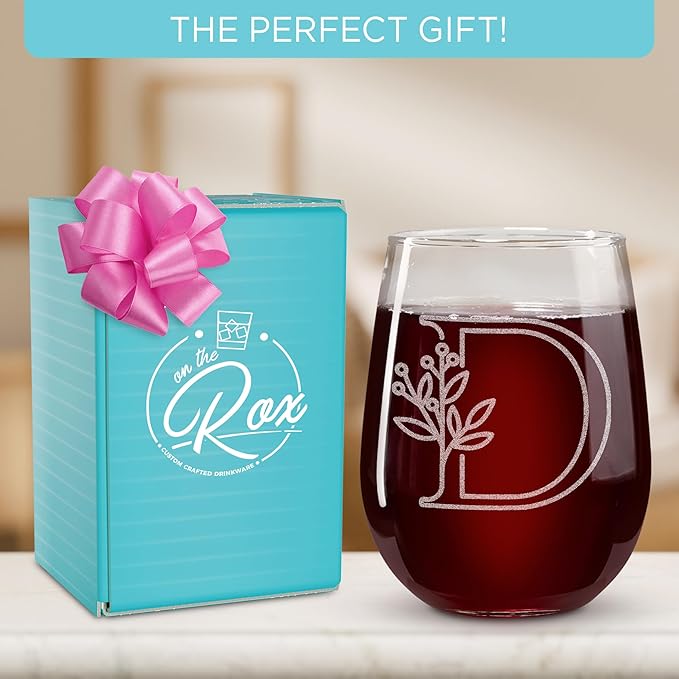 On The Rox Drinks Monogrammed Gifts For Women and Men - Letter A-Z Initial Engraved Monogram Stemless Wine Glass - 17 Oz Personalized Wine Gifts For Women and Men (D)