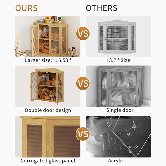 Extra Large Corner Bread Box for Kitchen Countertop, 16.5 inch Bamboo Double Layer Bread Storage with Glass Wavy Door Panel, Eco-Friendly and Stylish Design