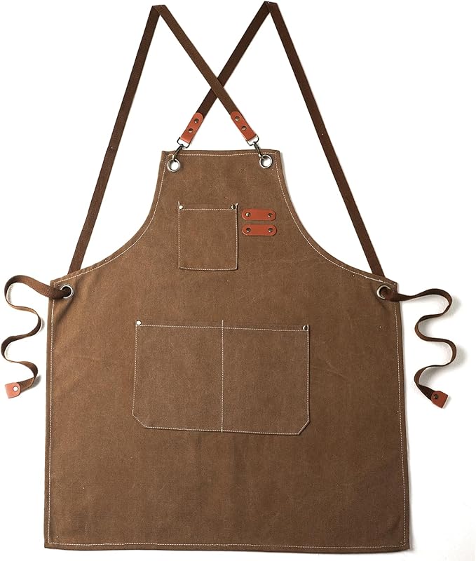 Canvas Apron with Cross Back Straps for Men & men,Chef & work Apron with Multiple Pockets for Cooking,BBQ,Workshop,Gardening and Crafts(Brown)