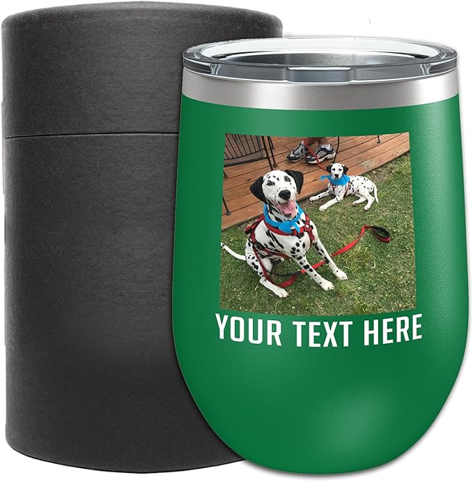 Personalized 12oz (17 Colors) Photo Printed Insulated Stainless Steel Powder Coated Stemless Wine Tumbler with Lid, Customized Gift Idea for Her, Custom Coach Gifts Team Mom Dad Mother's Day (Green)