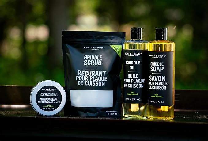 CARON & DOUCET – Ultimate Griddle Set | Seasoning, Oil, Soap & Salt Scrub | 100% Plant-Based & Best to Season, Clean, Care, Restore, Maintain & Protect