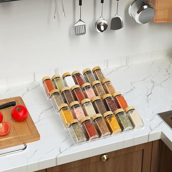 Spice Drawer Organizer 4 Tier, Acrylic Seasoning Organizer Rack, Clear Spice Rack Tray, Kitchen Seasoning Jars Drawers Insert (Jars Not Included/ Expandable From 13" to 26")