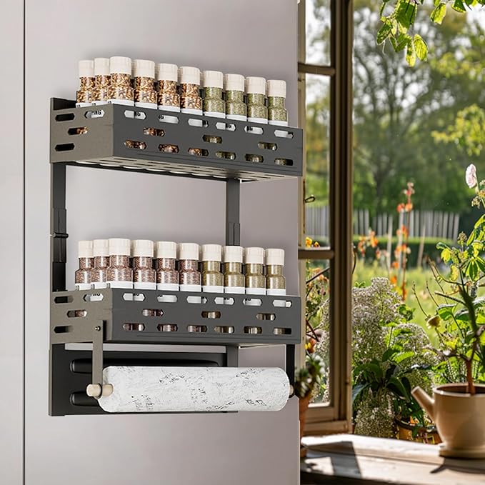 Magnetic Spice Rack for Refrigerator, Magnetic Shelf for Fridge Moveable Magnetic Paper Towel Holder Metal Fridge Magnet Orqanizer 8 Hooks for Kitchen Space Saving