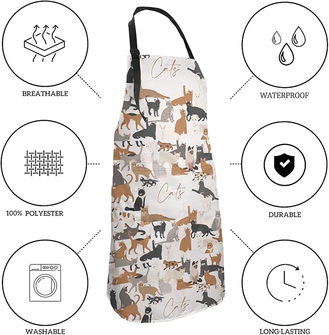Cat and Dogs Animals Adjustable Bib Neck Chef Aprons, Kitchen Bbq Waterproof Apron with 2 Pockets For Mom Dad