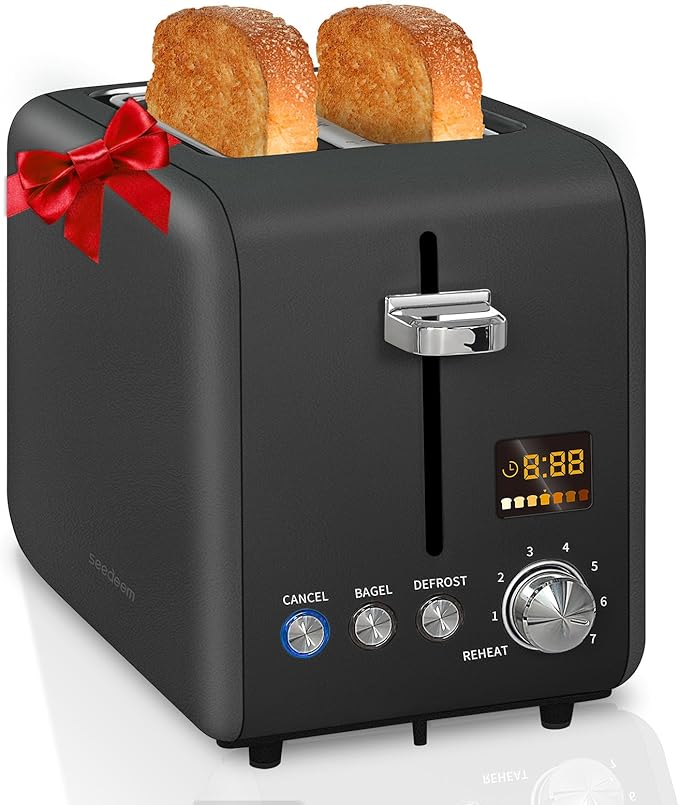 SEEDEEM Toaster 2 Slice, Stainless Steel Toaster LCD Display, 7 Bread Shade Setting, 1.4'' Wide Slots, Bagel/Defrost/Reheat Functions, Removable Crumb Tray, 900W, Dark Chocolate
