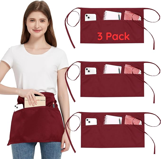 3 Pack Waist Apron with 3 Pockets, Unisex Black Waiter Aprons, Water Resistant Server Aprons for Restaurant Chef Bar
