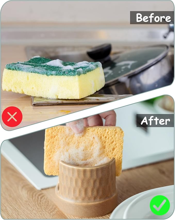 Sponge Holder for Kitchen Sink, Ceramic Sink Caddy Scrub Sponge Tray Dish Rack for Scrubbers, Kitchen Organizer, Brown