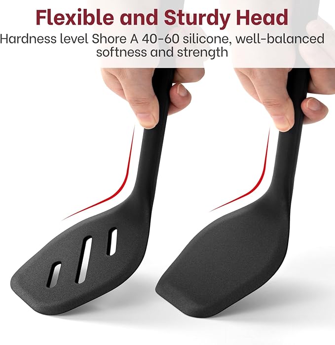 Pack of 2 Silicone Spatula Turner Set, Heat Resistant BPA-Free Silicone Kitchen Spatula Set for Non-Stick Pans, One-Piece Design Solid & Slotted Turner Ideal for Flipping Eggs, Pancakes, Black