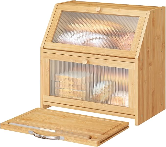 Extra Large Bread Box with Cutting Board Bamboo Wood Bread Box for Kitchen Counter, Double Layer Large Capacity Bread Storage Bin with Acrylic Wavy Door Panel (Natural)