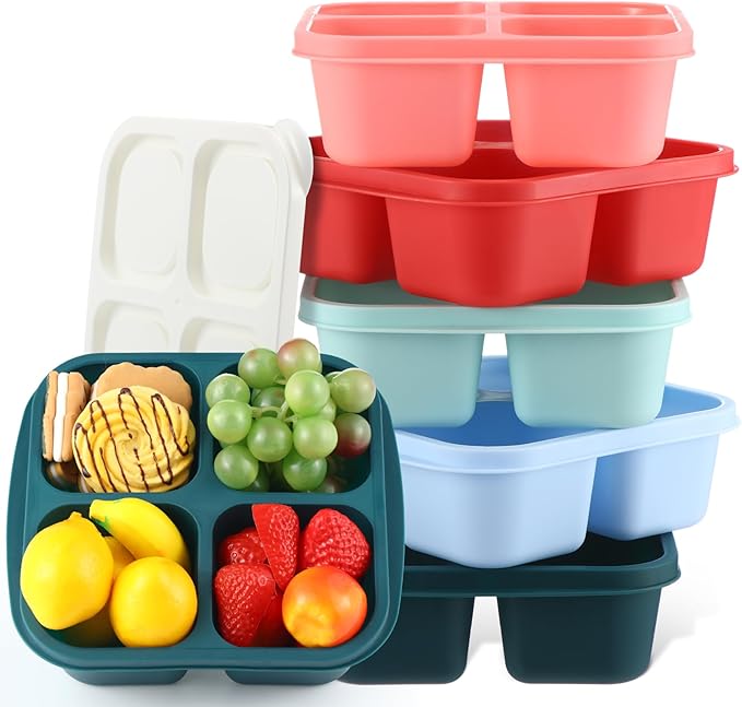 Honeydak 5 Pack Snack Containers 4 Compartment Bento Snack Boxes Reusable Lunchable Containers with Lids Divided Meal Prep Lunch Food Storage Box for School Work Travel(Melon,Equal)
