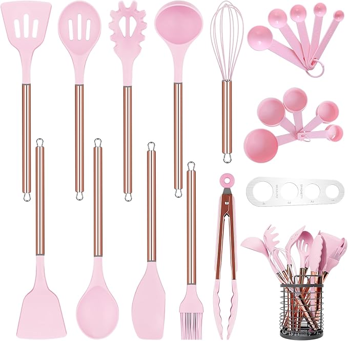 Kitchen Utensil Set with Holder, 22 Pcs Silicone Cooking Utensils Set for Nonstick Cookware, Heat Resistance Spatula Set, Stainless Steel Handle Kitchen Gadgets Utensils Set(Pink)