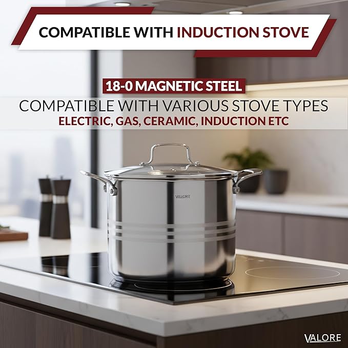 Valore 12 Qt Stainless Steel Stock Pot with Glass Lid – 5-Ply Soup Pot for Cooking & Canning – Heavy-Duty Large Cooking Pot with Brushed Stainless Finish & Riveted Handles